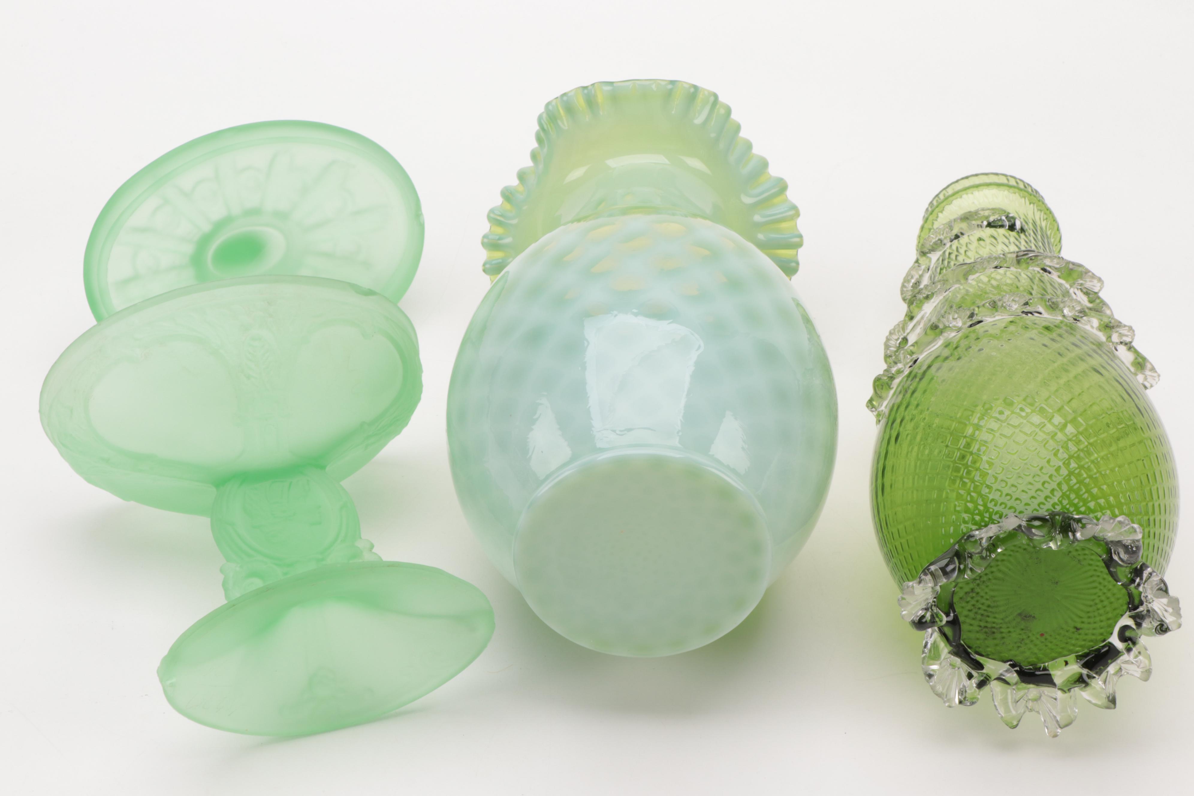 Satin Vaseline Glass Covered Compote with Victorian Green Glass Vases