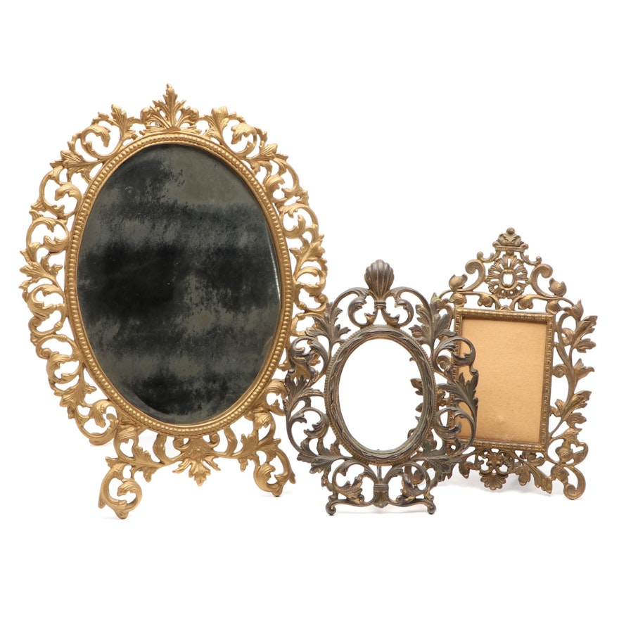 Victorian Gilt Metal Vanity Mirror with Easel Back and Picture Frames