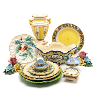 Italian Ceramic Pottery, Including Vases, Plates, and Candleholders
