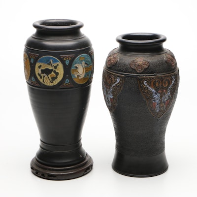 Japanese Hand-Painted Stoneware Vase and Lamp Base