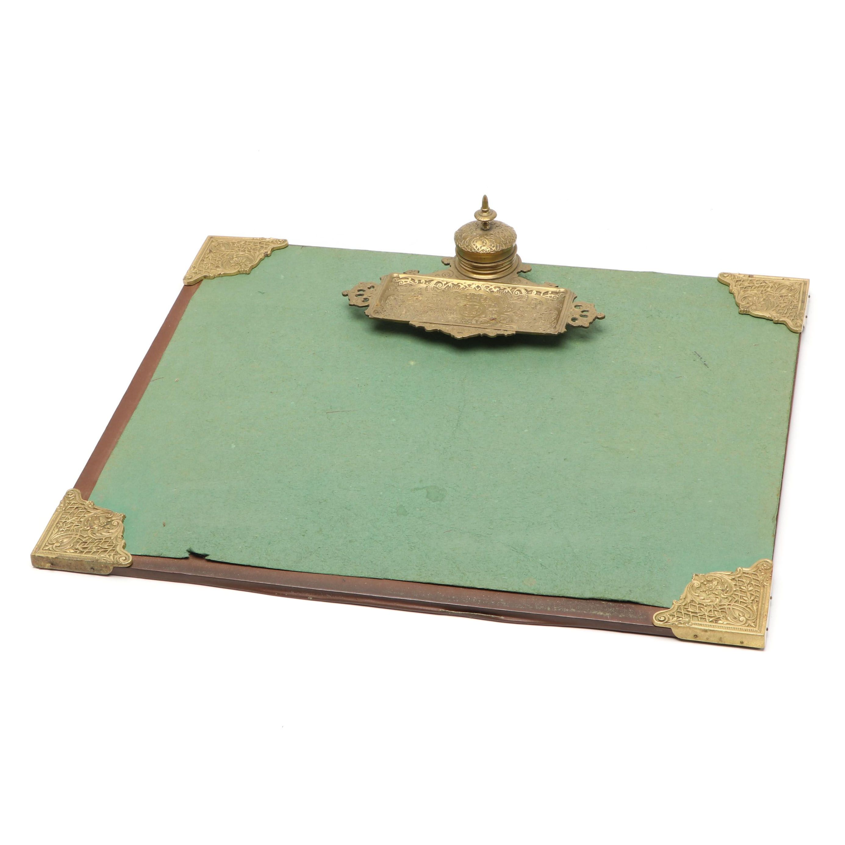 Victorian Style Brass Inkwell and Desk Blotter, Late 19th/ Early 20th
