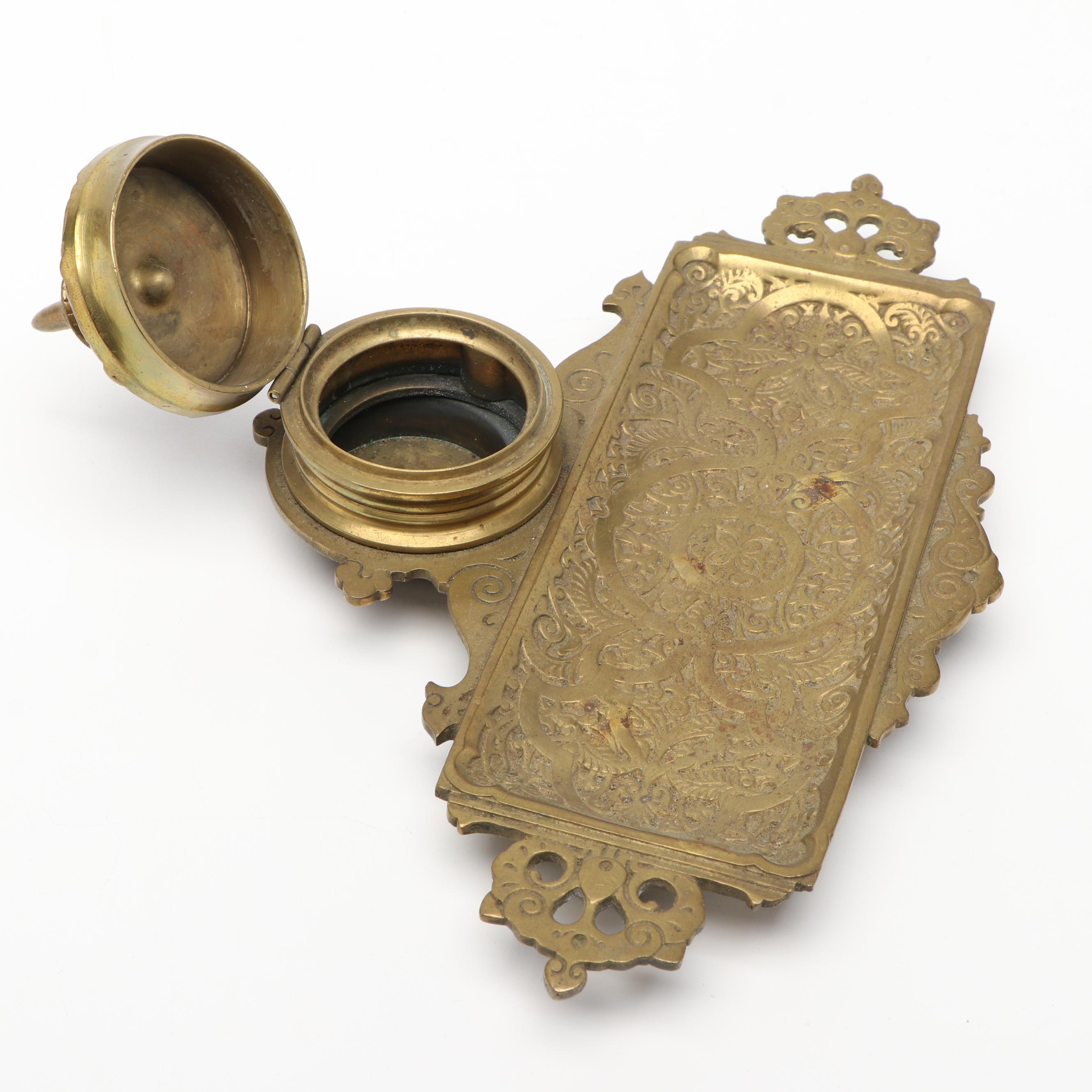Victorian Style Brass Inkwell and Desk Blotter, Late 19th/ Early 20th