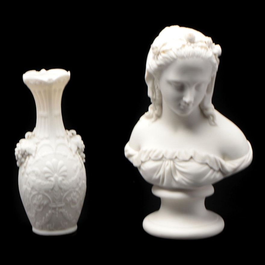 Porcelain Bisque Vase and Parian Ware Female Bust