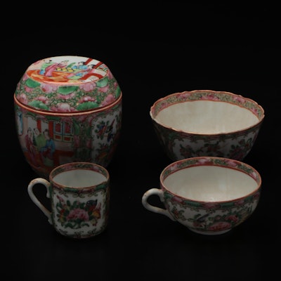 Chinese Rose Medallion Porcelain Tea Caddy, Bowls and Teacups