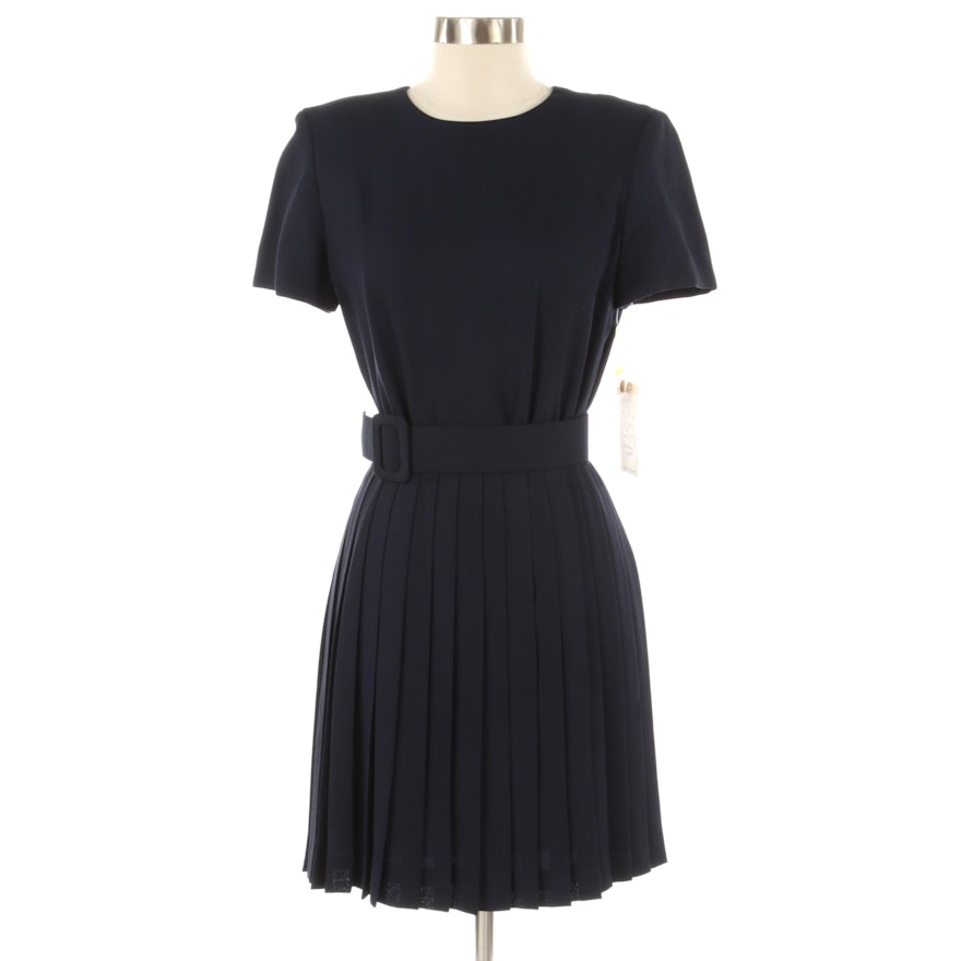 Pia Rucci Belted and Pleated Dress in Navy Blue