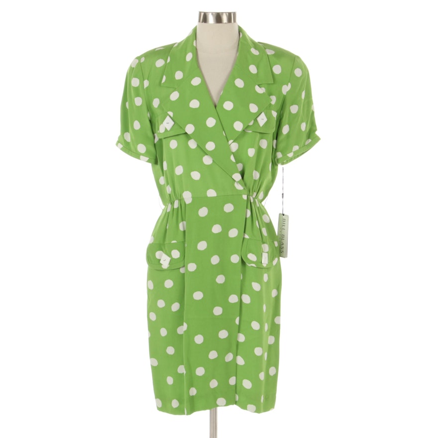 Bill Blass Shirt Dress in Green and White Polka Dot Print, Deadstock with Tags