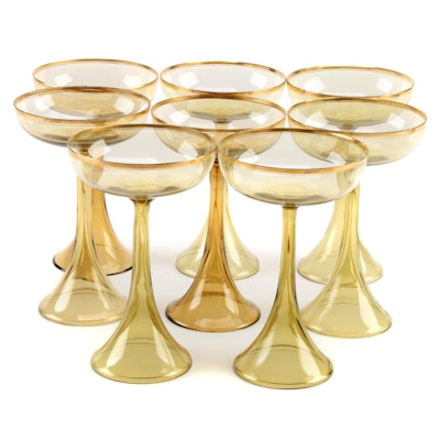 Mid Century Modern Gilt Rimmed Yellow Glass Champagne Coupes