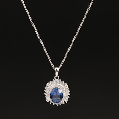 Sterling Sapphire Double Halo Pendant Necklace
