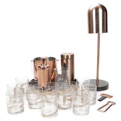 Copper Tone Barware, Tray and Glasses with Table Lamp, 2010s