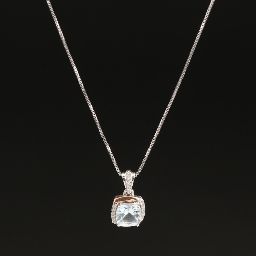 Sterling Aquamarine and Diamond Pendant Necklace with 10K Accents