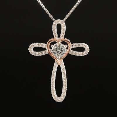 Sterling White Sapphire Heart Cross Necklace