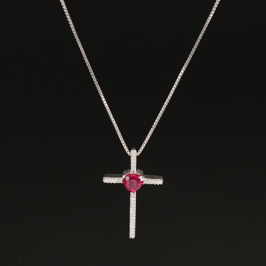Sterling Ruby and Diamond Cross and Heart Pendant Necklace