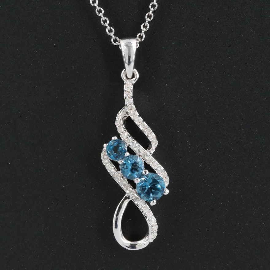 Sterling Swiss Blue, London Blue Topaz and Diamond Pendant Necklace