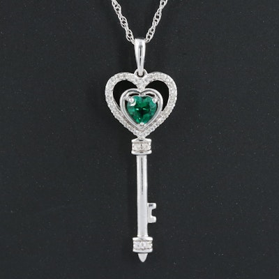 Sterling Emerald and Sapphire Key Pendant Necklace