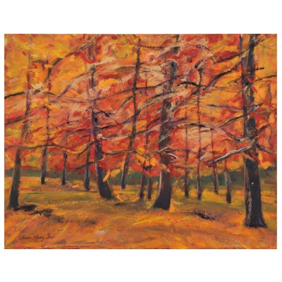 Chien Ming Su Oil Painting of Autumn Tree Grove