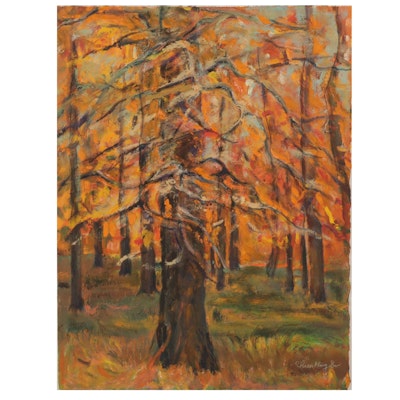 Chien Ming Su Oil Painting of Forest in Autumn, Circa 2000