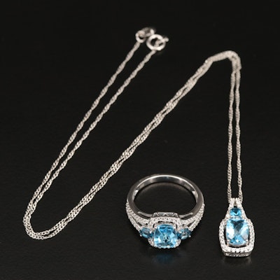 Sterling Topaz and White Sapphire Necklace and Ring Set