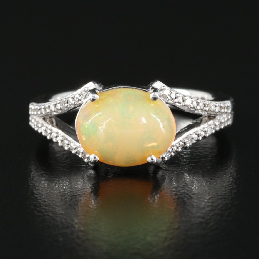 Sterling Opal and Diamond Ring with Split Shoulders