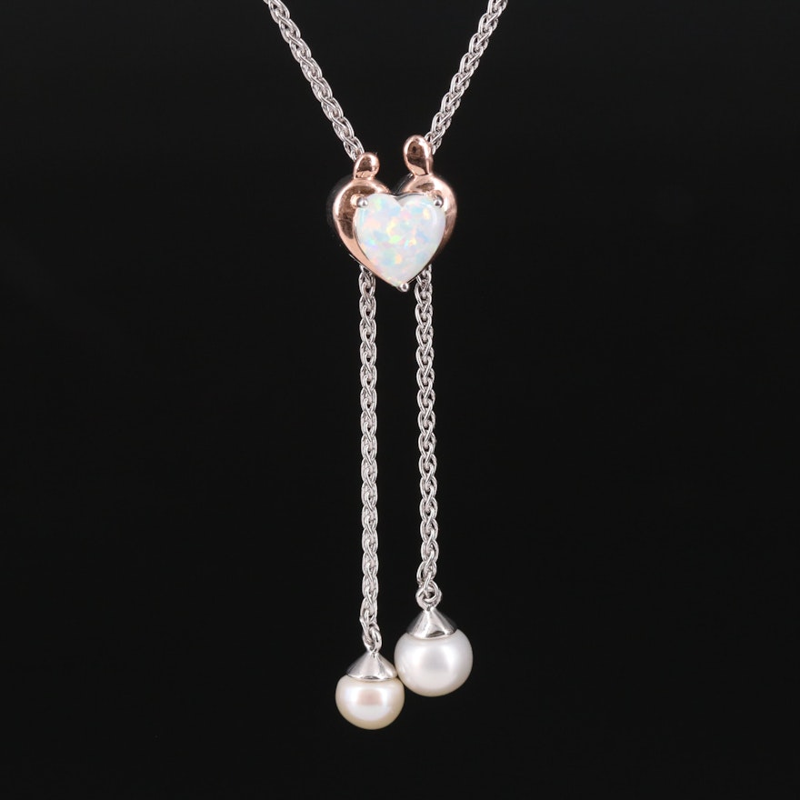 Sterling Opal and Pearl Mother and Child Heart Slide Necklace