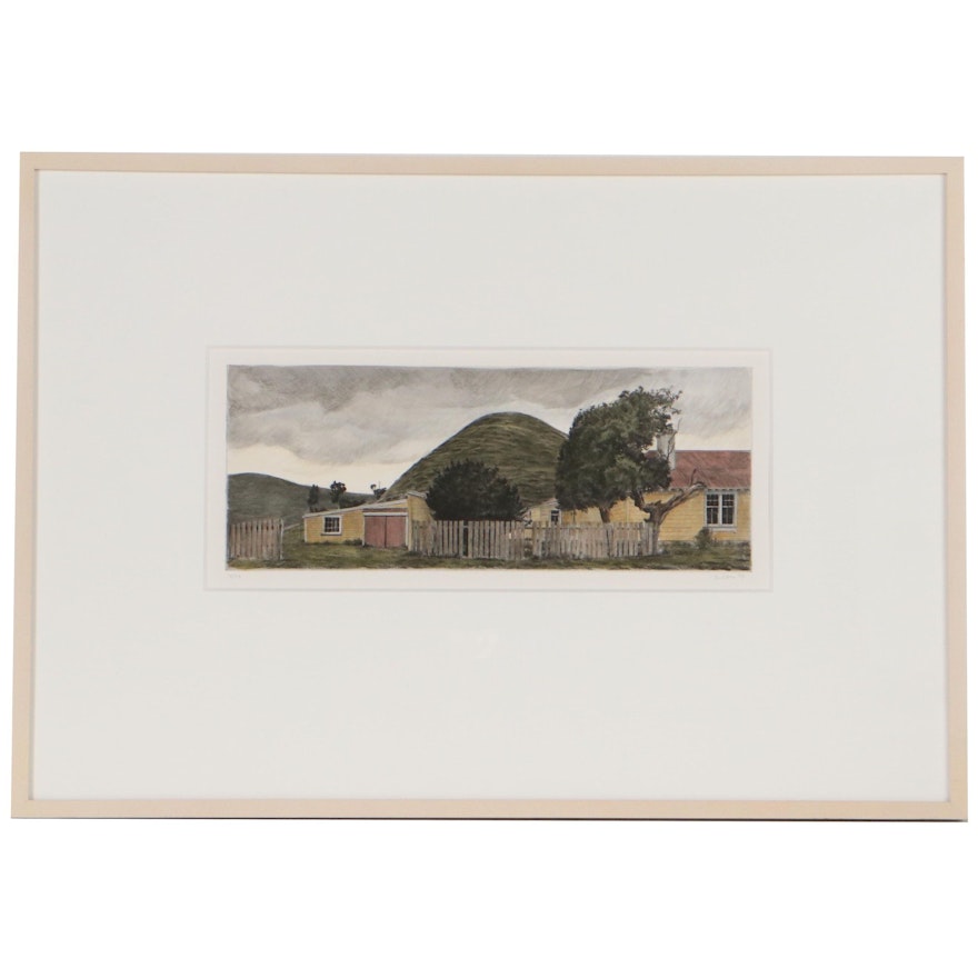 Altoon Sultan Hand-Colored Drypoint Etching "House and Hill," 1989