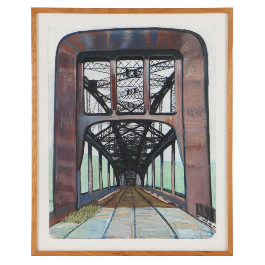 Mela Lyman Pastel Drawing "The Point Bridge," 1983