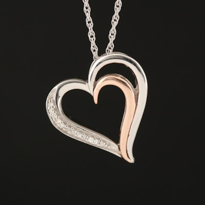 Sterling Silver Diamond Heart with 10K Rose Accent