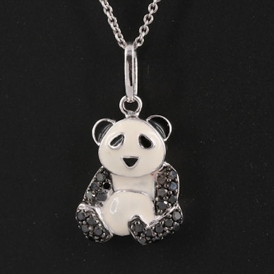 Sterling Diamond and Enamel Panda Pendant Necklace