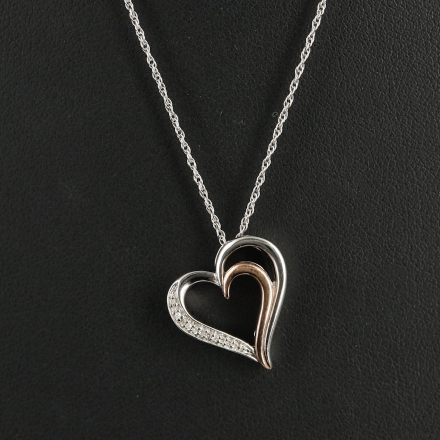 Sterling Diamond Heart Pendant Necklace with 10K Rose Gold Accent