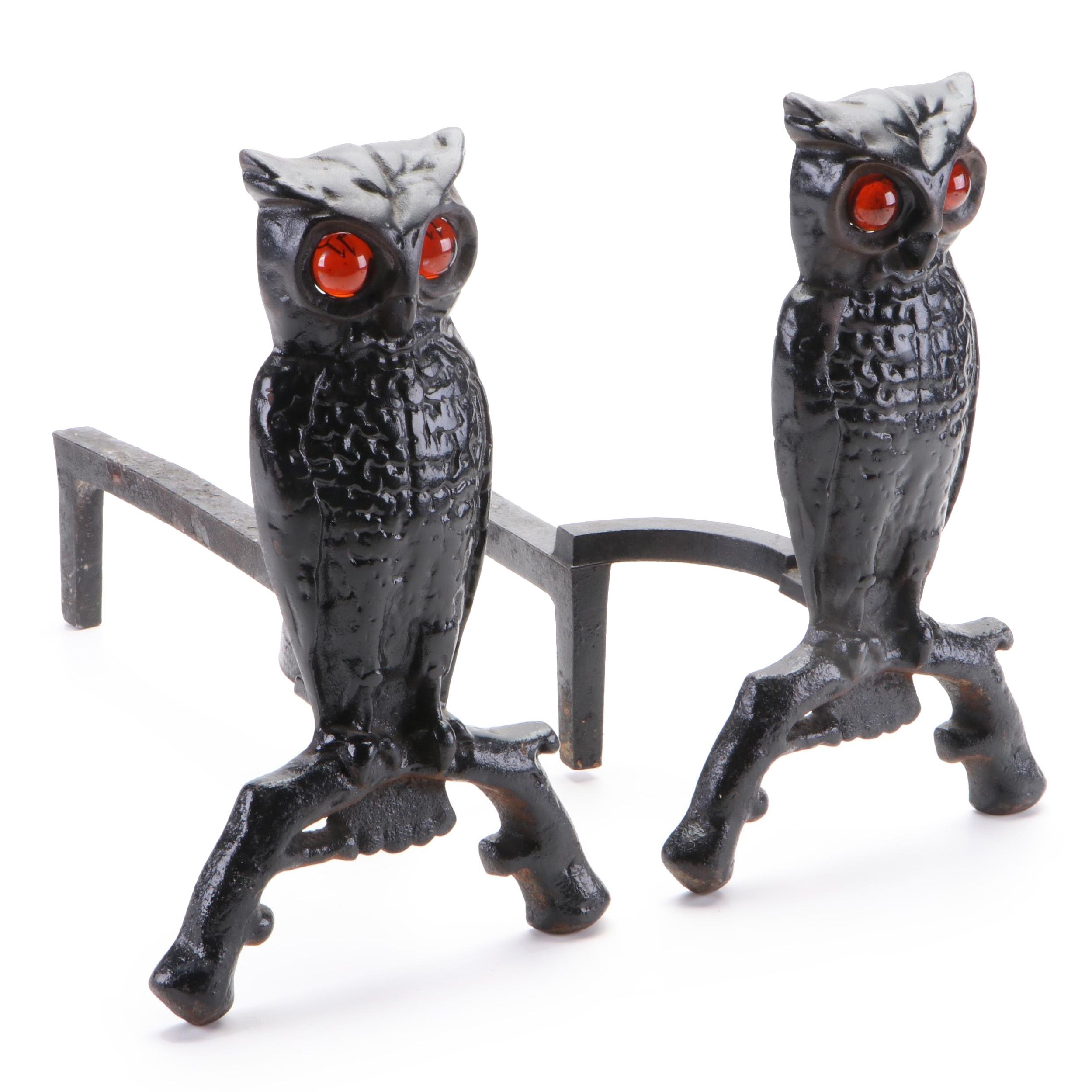 Cast and Wrought Iron Owl Fireplace Andirons with Glass Eyes, 20th