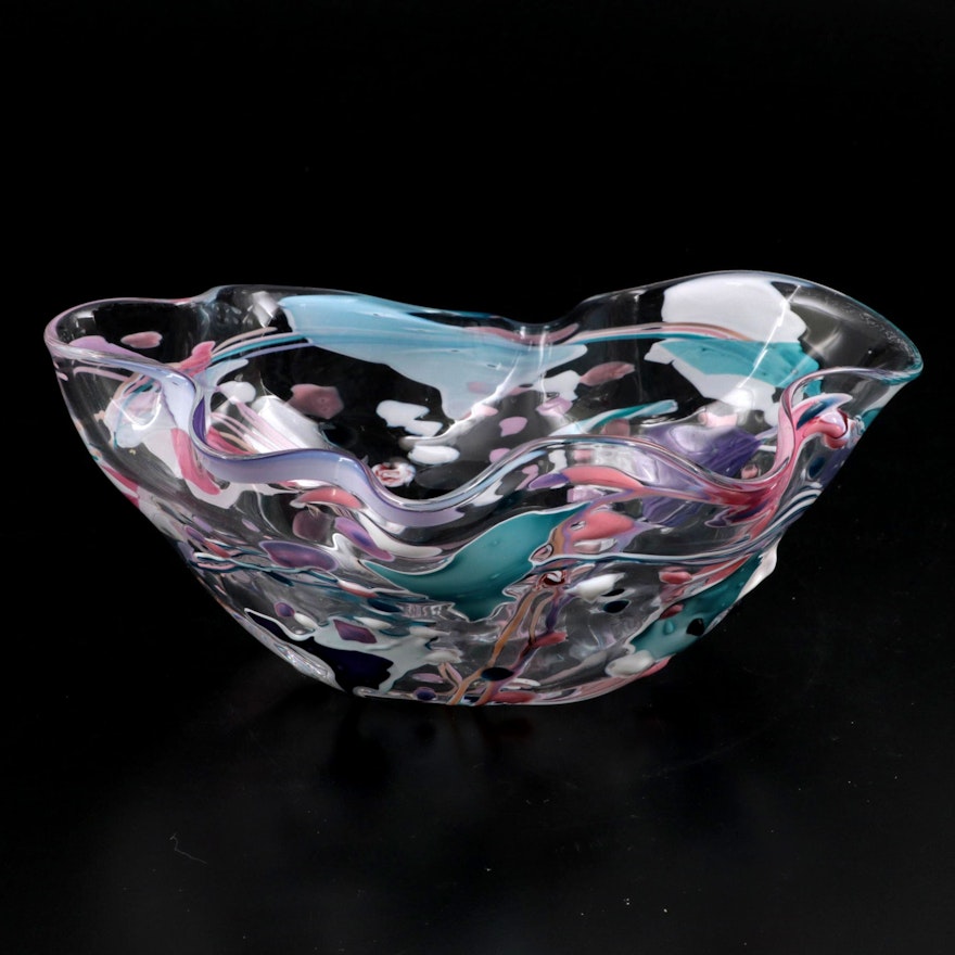 Stephen Rich Nelson Blown Fluted Studio Art Glass Bowl, 1993