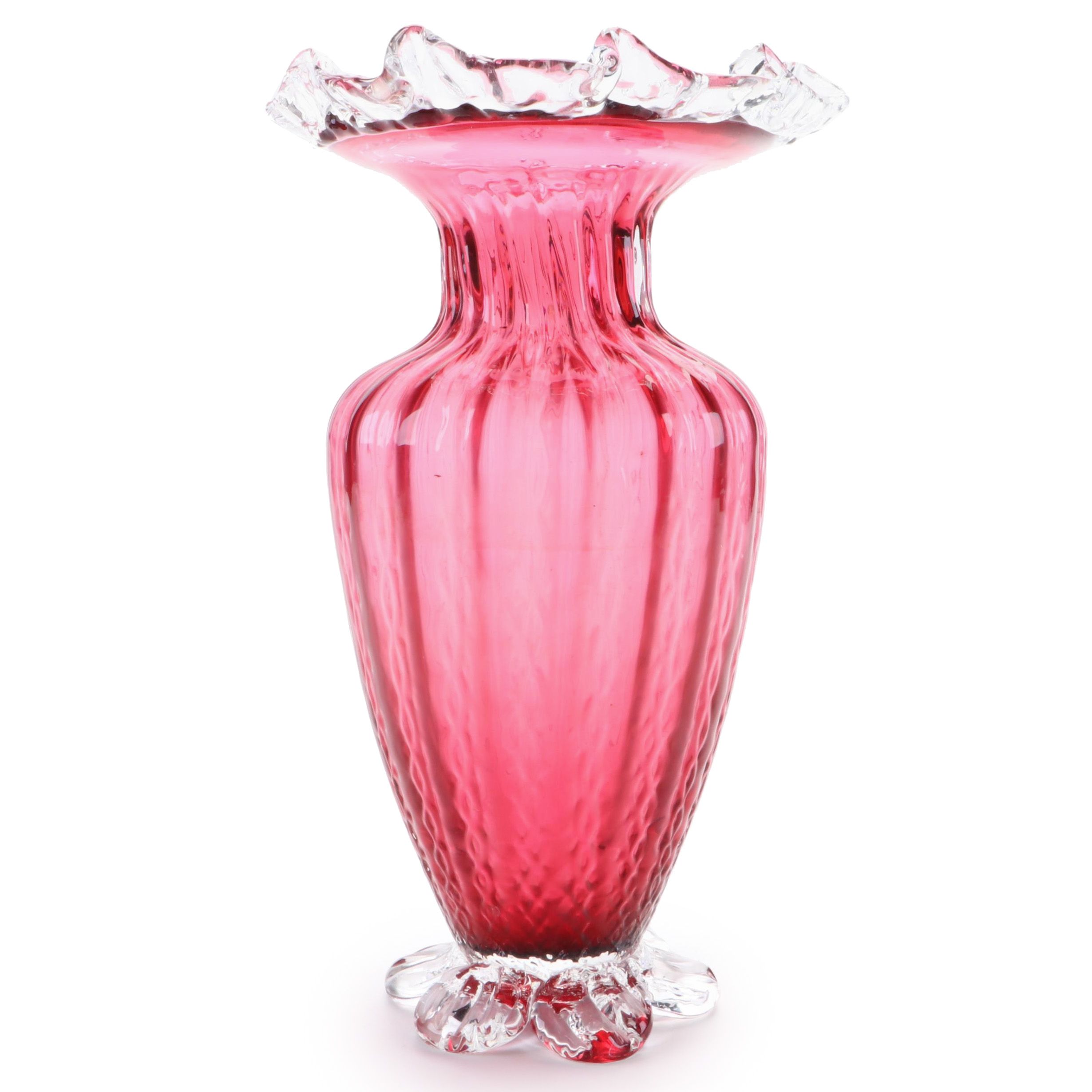 Rossi Glass Niagara Falls Blown with Applied Rigaree Cranberry Footed