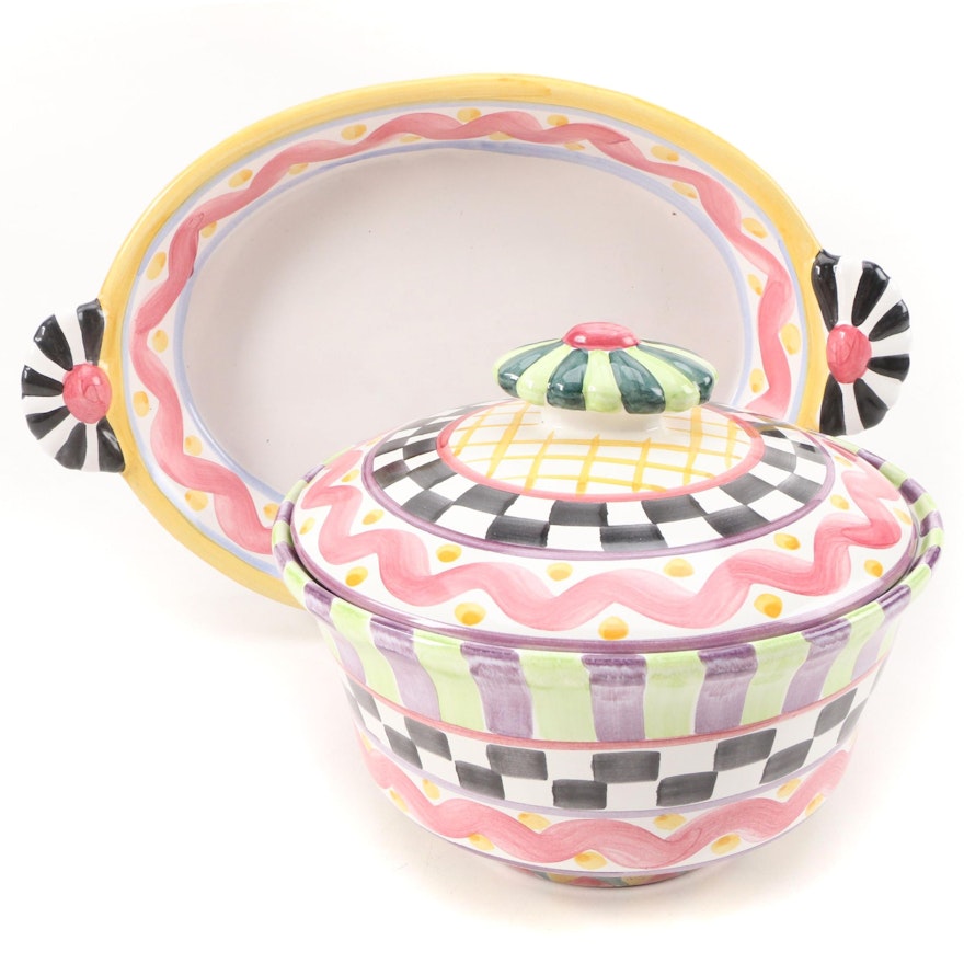 MacKenzie-Childs "Piccadilly" Ceramic Covered Dish and Tray