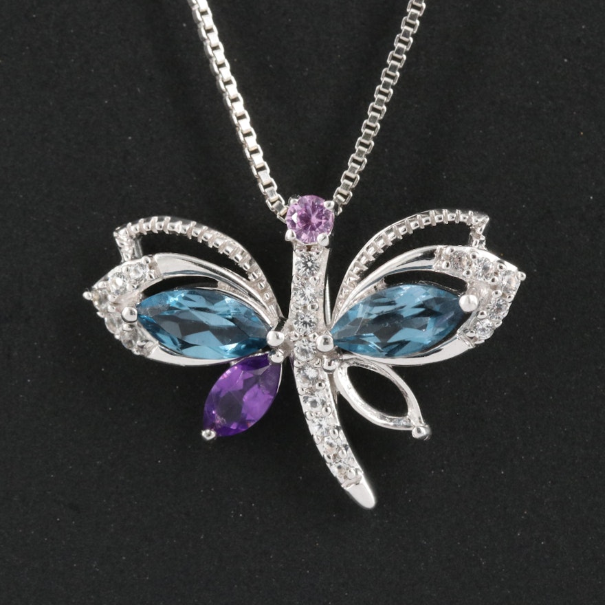 Sterling London Blue Topaz, Amethyst and Sapphire Dragonfly Pendant Necklace