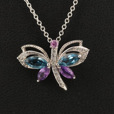 Sterling Topaz, Amethyst and Sapphire Dragonfly Pendant Necklace