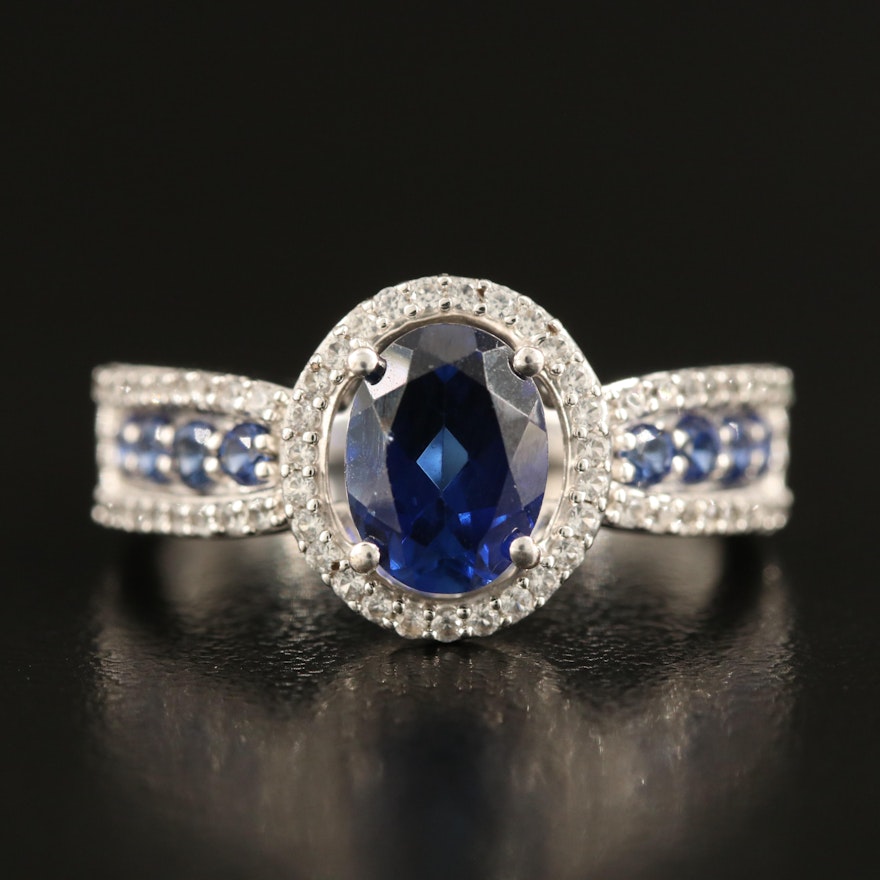 Sterling Sapphire and White Sapphire Halo Ring with Channel Set Shoulders