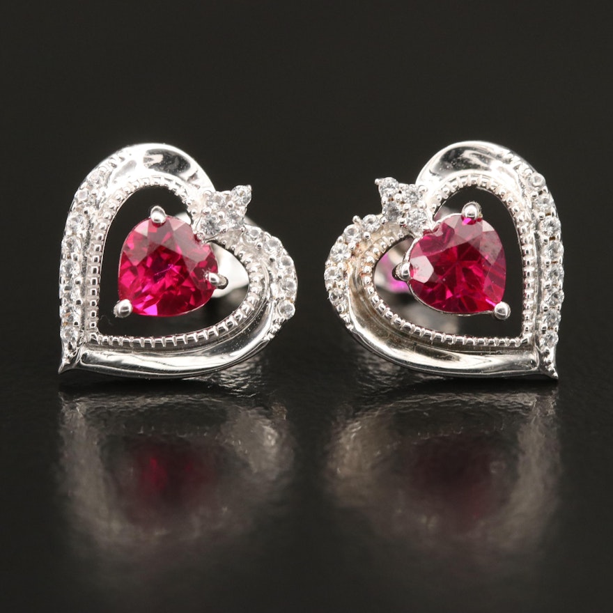 Sterling Ruby and Sapphire Heart Stud Earrings