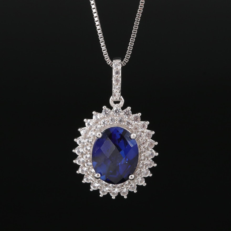 Sterling Sapphire Double Halo Pendant Necklace