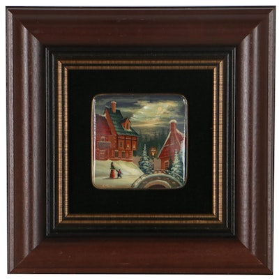 Oil Painting on Abalone of Winter Village Scene