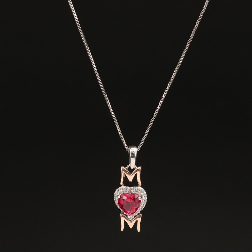 Sterling Ruby and Sapphire 'M♡M' Pendant Necklace with 10K Accents