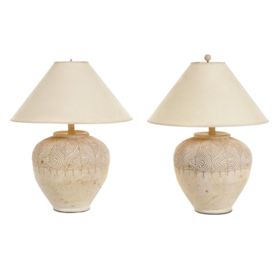 Pair of Hand-Etched Plaster Vessel Table Lamps, Late 20th Century