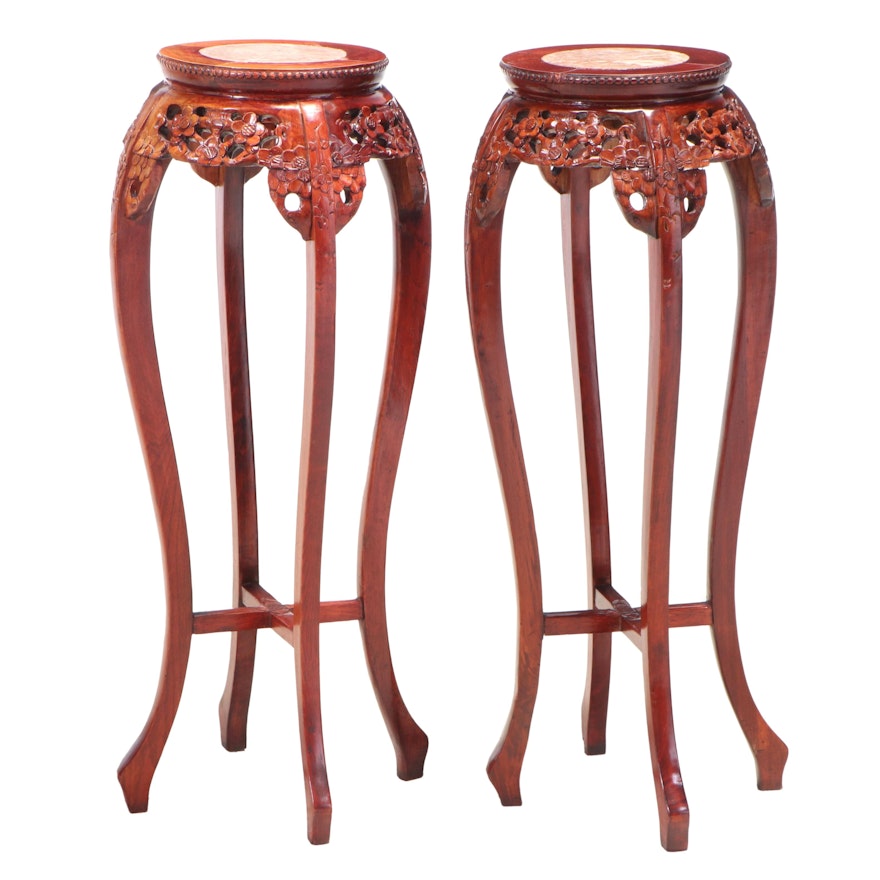Two Chinese Carved Hardwood and Marble Top Pedestals