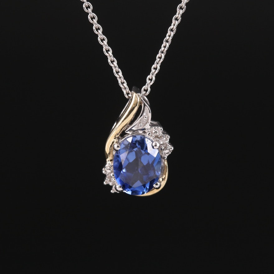 Sterling Sapphire and Diamond Pendant Necklace with 10K Accents