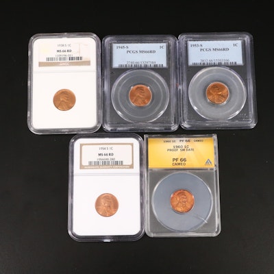 Group of Five Certified High Grade Lincoln Cents