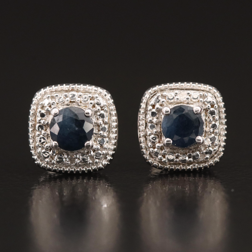 Sterling Sapphire and Diamond Stud Earrings