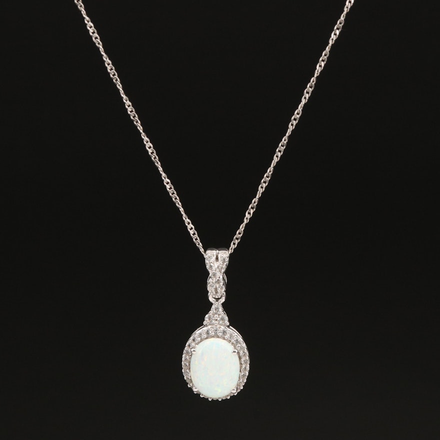 Sterling Opal and Sapphire Halo Pendant Necklace
