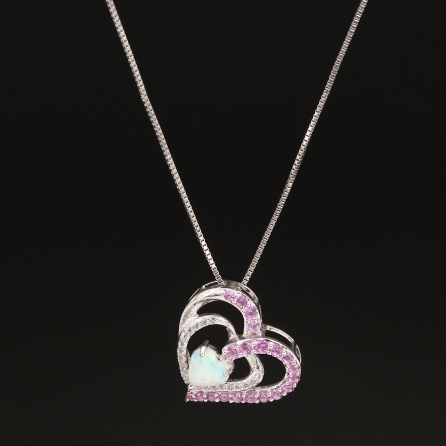 Sterling Opal and Sapphire Heart Pendant Necklace