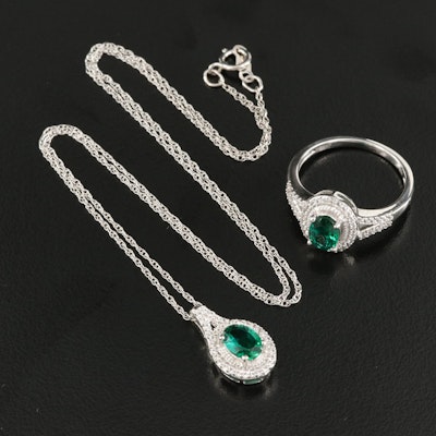 Sterling Emerald and Sapphire Pendant Necklace and Ring