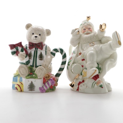 Lenox Holiday Collection Bone China Santa Teapot and with Spode Bear Teapot