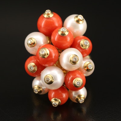 18K Coral, Pearl and Diamond Cluster Ring