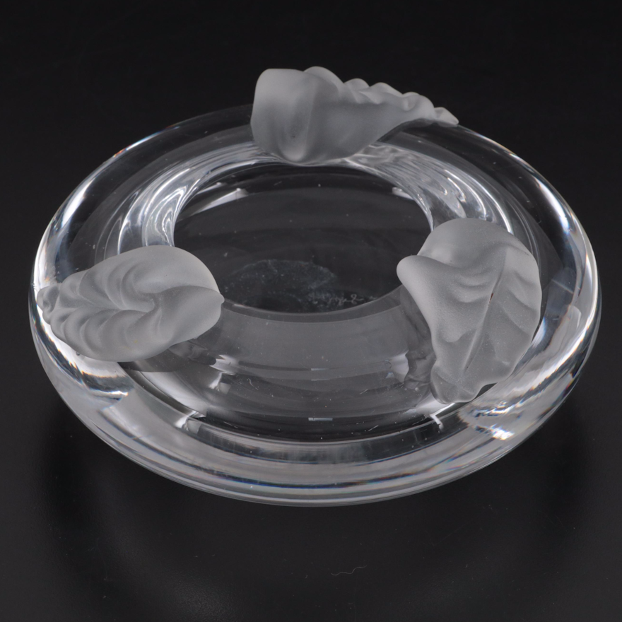 Signed Decorative Crystal Bowl with Applied Frosted Crystal Leaves